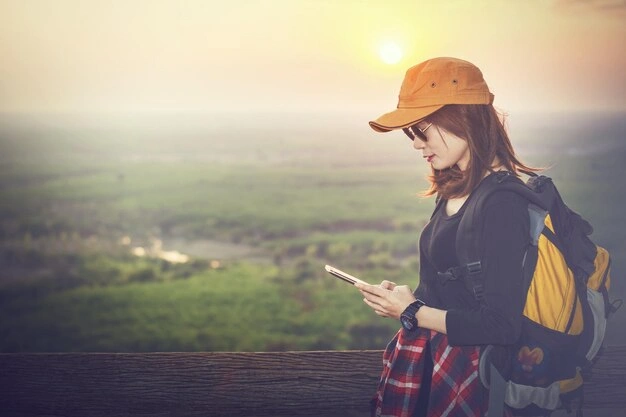 side view backpacker using smart phone against sky sunset 1048944 26574928
